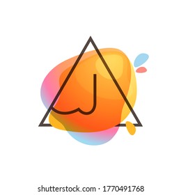 J letter logo in triangle frame at watercolor splash background. Color overlay style. Perfect vector icon for vintage design, funny watercolor posters, geometry labels, etc.