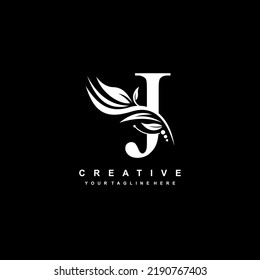 J letter logo vector design with leaf decoration. monogram J, typography. feather logo. luxury J. J flourish. suitable for logo of business, company, product, boutique, wedding, hotel, etc