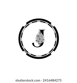Diseño vectorial de logotipo de letra J. J Icono plantilla de concepto de círculo y negro ecológico. J conjunto vectorial de letras ecológicas negras logotipo con hojas. Alfabeto J de hojas negras aisladas en fondo blanco. Alfabeto floral.