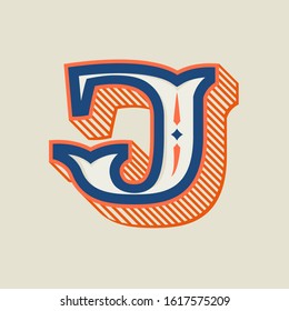 J letter logo in vintage western style with striped shadow. Vector font for barber shop labels, sport posters, jewelry cards etc.