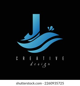 J Letter Logo with Waves and Water Drops Design Vector Illustration