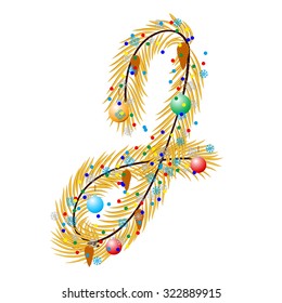 J - Letter. Made of a Christmas tree with festive decorations. Isolated on white