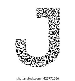 J letter made of musical notes on white background. Alphabet for art school. Trendy font. Graphic decoration.