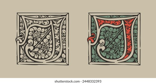 J letter medieval Gothic initial illuminated by foliage ornament. Engraved German drop cap. Dark age hand painted emblem. Classic Latin alphabet font based on XV century embellishment manuscript.