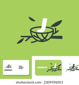 J letter with nest logo design template element. Business card with green business icons