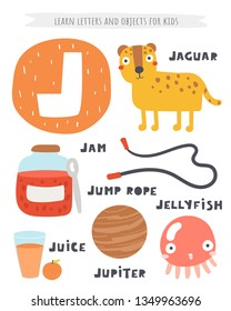 J letter objects and animals including jaguar, jam, jump rope, juice, jupiter planet, jellyfish. Learn english alphabet, letters, words for kids