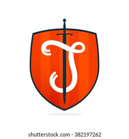 J letter on the sword and shield. Font style, vector design template elements for your application or corporate identity.