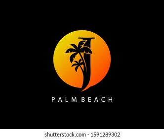 J Letter Palm Tree and Sun Set Logo Icon. Perfect for surfing shop, sport, Tour and Travel. Initial J with sunset and palm tree.