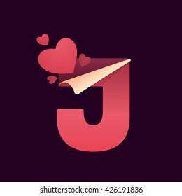 J letter with paper folded corner and hearts. Vector paper style typeface for st. Valentine's day. Red letter icon for card, app icon, corporate identity, label or poster.