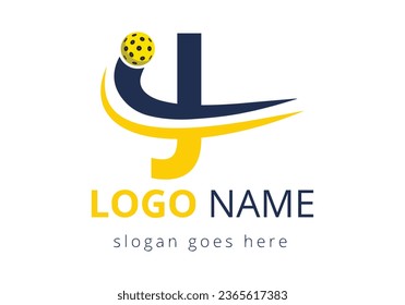 J Letter with with Pickleball Sports Logo Concept With Moving Pickleball Club Symbol. business, and company identity