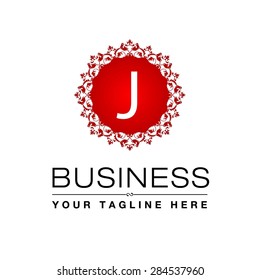 J letter Red Luxury Logo template flourishes calligraphic elegant ornament lines. Business sign, identity for Restaurant, Royalty, Cafe, Hotel, Heraldic, Jewelry, Fashion and other vector illustration