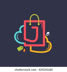 J letter with shopping bag and hearts icon. Vector design element for tag, card, corporate identity, label, sticker or poster.