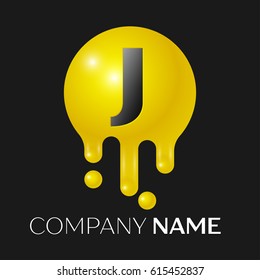 J Letter splash logo. Yellow dots and bubbles letter design on black background. Vector Illustration