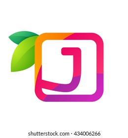 J letter in square with juice and green leaves. 
