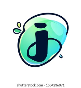 J letter stroke logo at colorful watercolor splash background. Color multiply style. Font, vector design template elements for labels, headlines, posters, cards etc.
