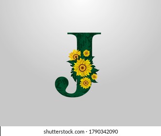 J Letter with sunflower vector design. Flower J Logo Icon. Typography design