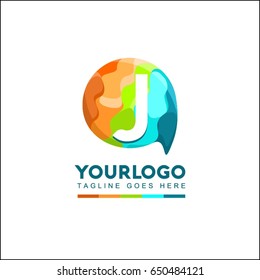 J letter Talk brand identity. Speech bubble icon Logo template. Chat vector illustration design.