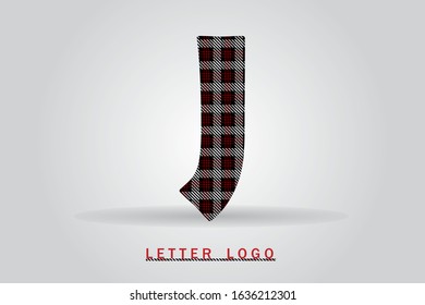 J letter with tartan pattern vector illustration. Textile fabric letter for logo, label, card, print, brochure, flyer, textile business title, sewing concept, clothing store or web page design.