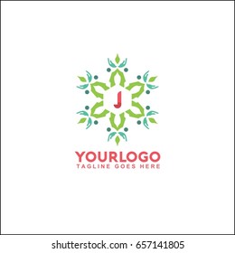 J letter trendy and elegant logo design. Vector floral shop or studio, wedding florist, custom. circle with flowers and leaves.