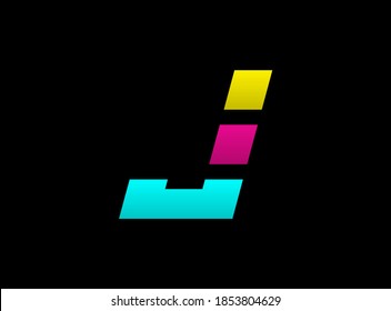 J letter vector desing, Cmyk color font logo, . Dynamic split blue, pink, yellow color on black background. For social media,design elements, creative poster, web template                      
