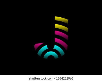 J letter vector desing, Cmyk color font logo. Dynamic split pink, blue, yellow color on black background. For social media,design elements, creative poster, web template    


