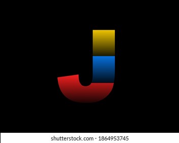 J letter vector desing, font logo. Dynamic split red, blue, yellow color on black background. For social media,design elements, creative poster, web template    


