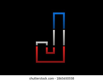 J letter vector desing, outline stroke font logo. Dynamic split grey,  blue color on black background. For social media,design elements, creative poster, web template and more


