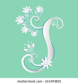 "J" letters, pattern, flower and leaves cut paper vector illustration beautiful