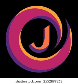 Arte abstracto del logotipo de J y concepto circular colorido del logotipo con el fondo negro. Personaje J ilustración gráfica creativa y decorativa logotipo redondo. arte moderno y rosado del alfabeto J