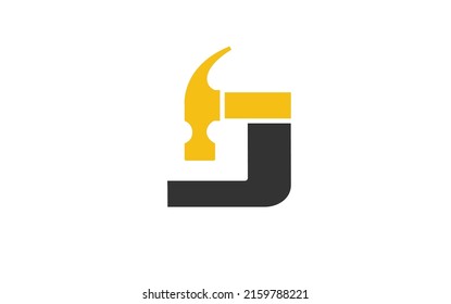 J logo construction vector for woodworking company. initial letter hammer template vector illustration for your brand.
