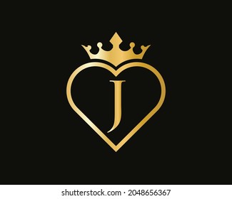 J Logo With Crown and Love Shape. Heart Letter J Logo Design, Gold, Beauty, Fashion, Cosmetics Business, Spa, Salons, And Yoga Vector Luxury Concept Template