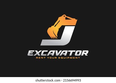J logo excavator for construction company. Heavy equipment template vector illustration for your brand.