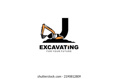 J logo excavator for construction company. Heavy equipment template vector illustration for your brand.