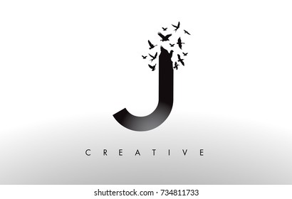 J Logo Letter with Flying Flock of Birds Disintegrating from the Letter. Bird Fly Letter Icon.