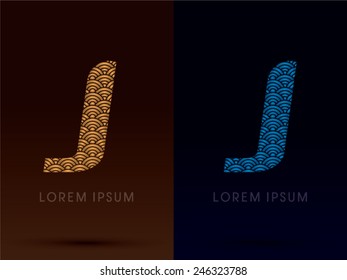 J ,Luxury font ,designed using gold and blue bold line graphic, concept shape from water, river, sea, ocean, fish scale, logo, symbol, icon, vector.