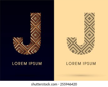 J ,Luxury font, designed using gold and brown bronze line square geometric shape with black and white tone, logo, symbol, icon, graphic, vector.