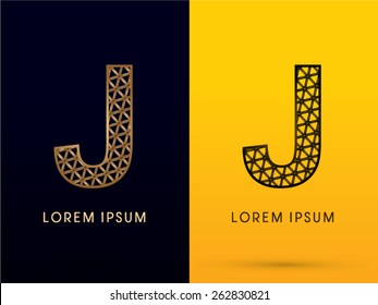 J ,Luxury font, designed using gold and black triangle geometric shape. on dark and yellow  background, sign ,logo, symbol, icon, graphic, vector.