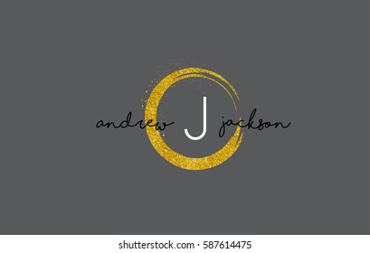 J Luxury Letter Logo Design with Gold Rounded Texture and Sparkles.