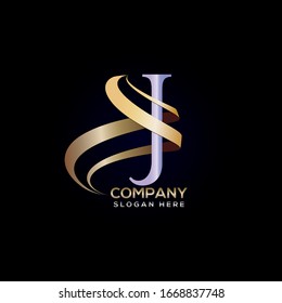 j luxury silver letter logo with golden ribbon design