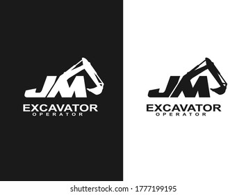 J M JM Initial excavator logo. Excavator logo template vector. Heavy equipment logo vector for construction company. Creative excavator illustration for logo template.