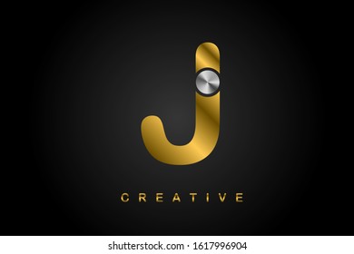 J metallic golden letter with silver screw vector illustration. Creative letter design for icon, logo, label, cover, print, emblem, company name, jewelry or web page. 