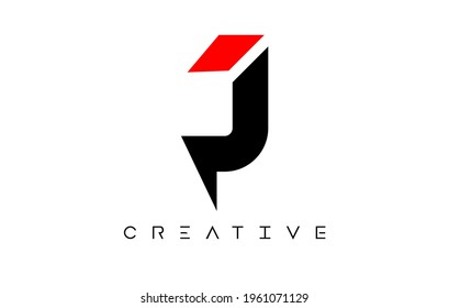 J Diseño de logotipos de letras modernas con un aspecto creativo en la ilustración de vectores de colores negros y rojos
