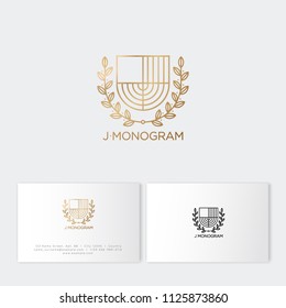 J monogram. Gold J letter like herald shield with laurel wreath. Classic style. Identity. Business card.