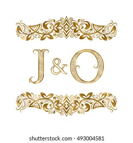 J and O vintage initials logo symbol. The letters are surrounded by ornamental elements. Wedding or business partners monogram in royal style.