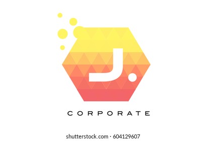 J Orange Hexagon Shaped Letter Logo Design with Dots Bubbles.