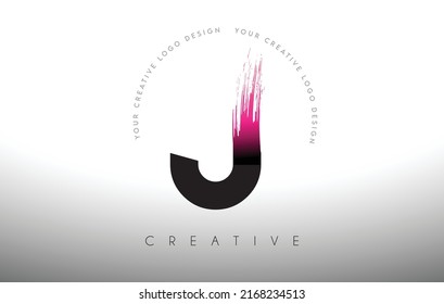 J Paint Brush Letter Logo Design with Artistic Brush Stroke in Black and Purple Colors Vector Illustration.