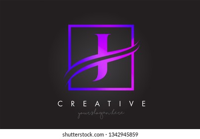 J Purple Violet Letter Icon Logo Design with Square Swoosh Border and Creative Design Vector Illustration.