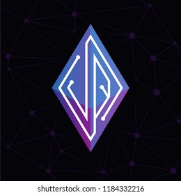 J Q Initial letter block chain logo icon vector template. Looping mono line circuit letter on rhombus cube logo