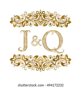 J and Q vintage initials logo symbol. The letters are surrounded by ornamental elements. Wedding or business partners monogram in royal style.