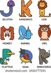 J to R Cute vector animals in alphabet letter form